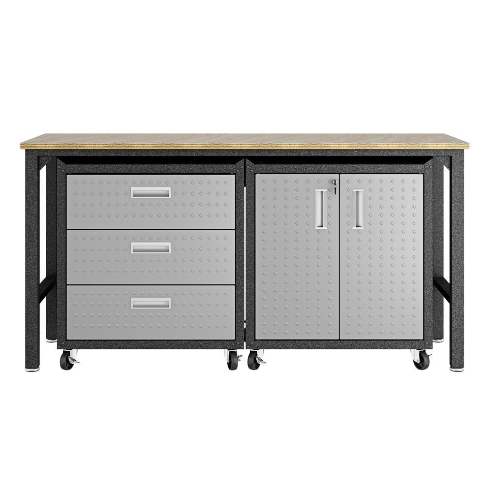 Manhattan Comfort 3-Piece Fortress Mobile Space-Saving Steel Garage Cabinet and Worktable 3.0 in Grey