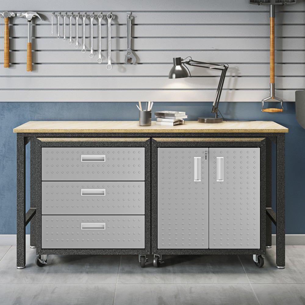 Manhattan Comfort 3-Piece Fortress Mobile Space-Saving Steel Garage Cabinet and Worktable 3.0 in Grey