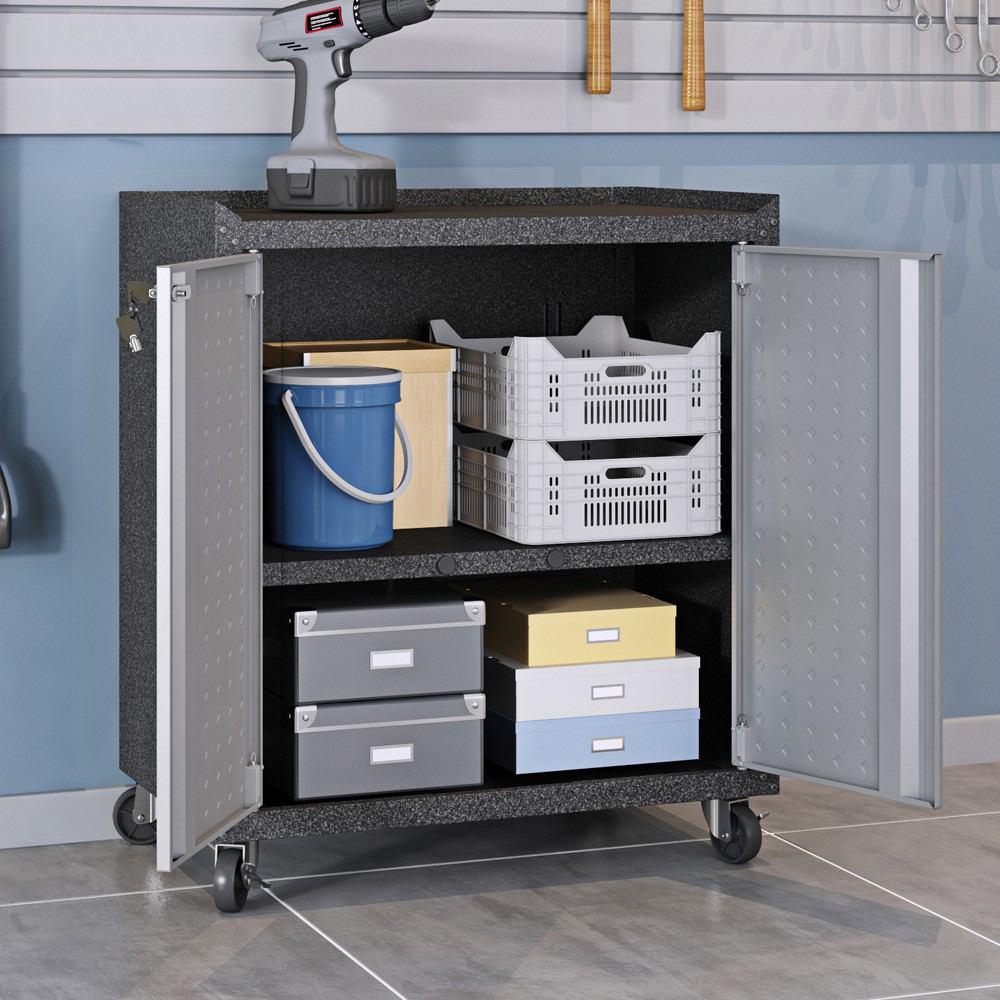 Manhattan Comfort 3-Piece Fortress Mobile Space-Saving Steel Garage Cabinet and Worktable 3.0 in Grey