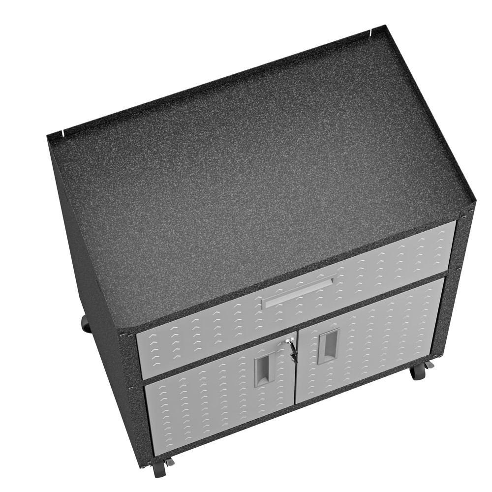 Manhattan Comfort 3-Piece Fortress Mobile Space-Saving Steel Garage Cabinet and Worktable 4.0 in Grey
