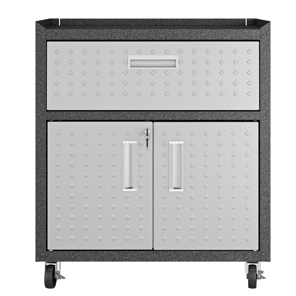 Manhattan Comfort 3-Piece Fortress Mobile Space-Saving Steel Garage Cabinet and Worktable 4.0 in Grey