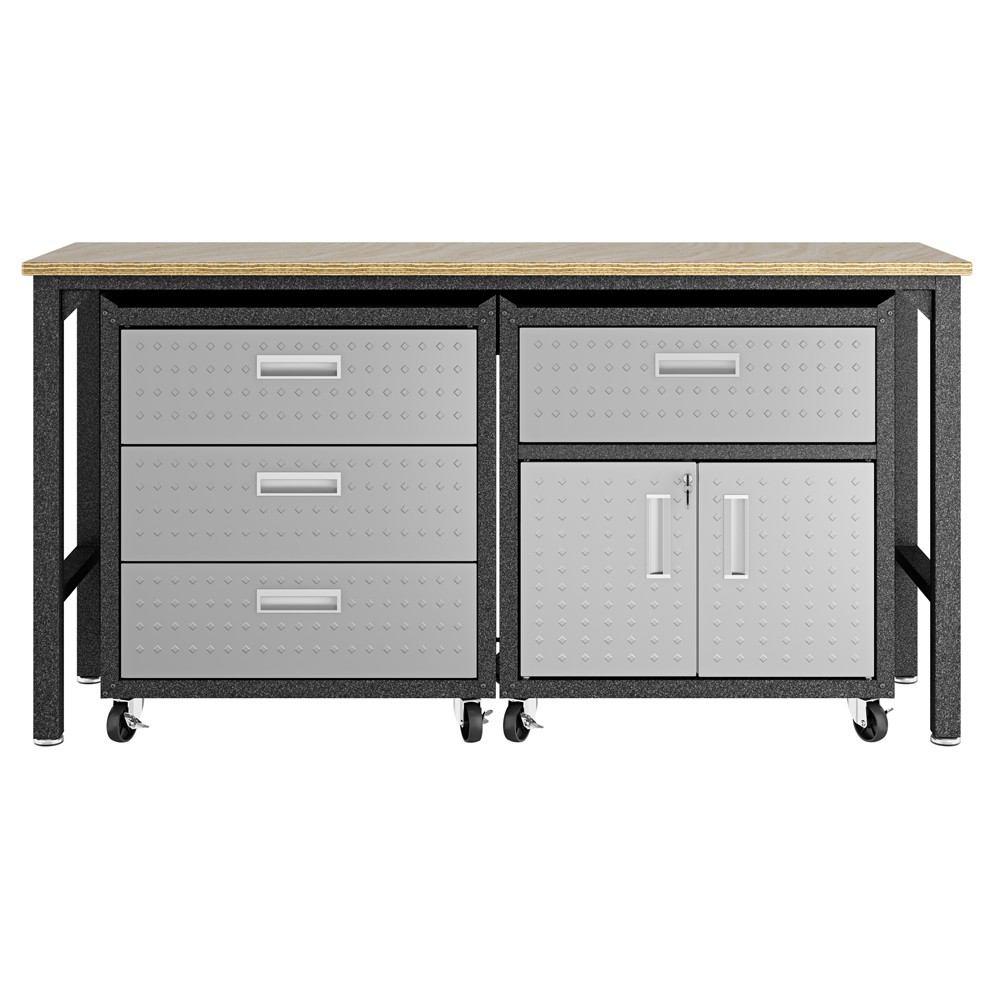 Manhattan Comfort 3-Piece Fortress Mobile Space-Saving Steel Garage Cabinet and Worktable 5.0 in Grey
