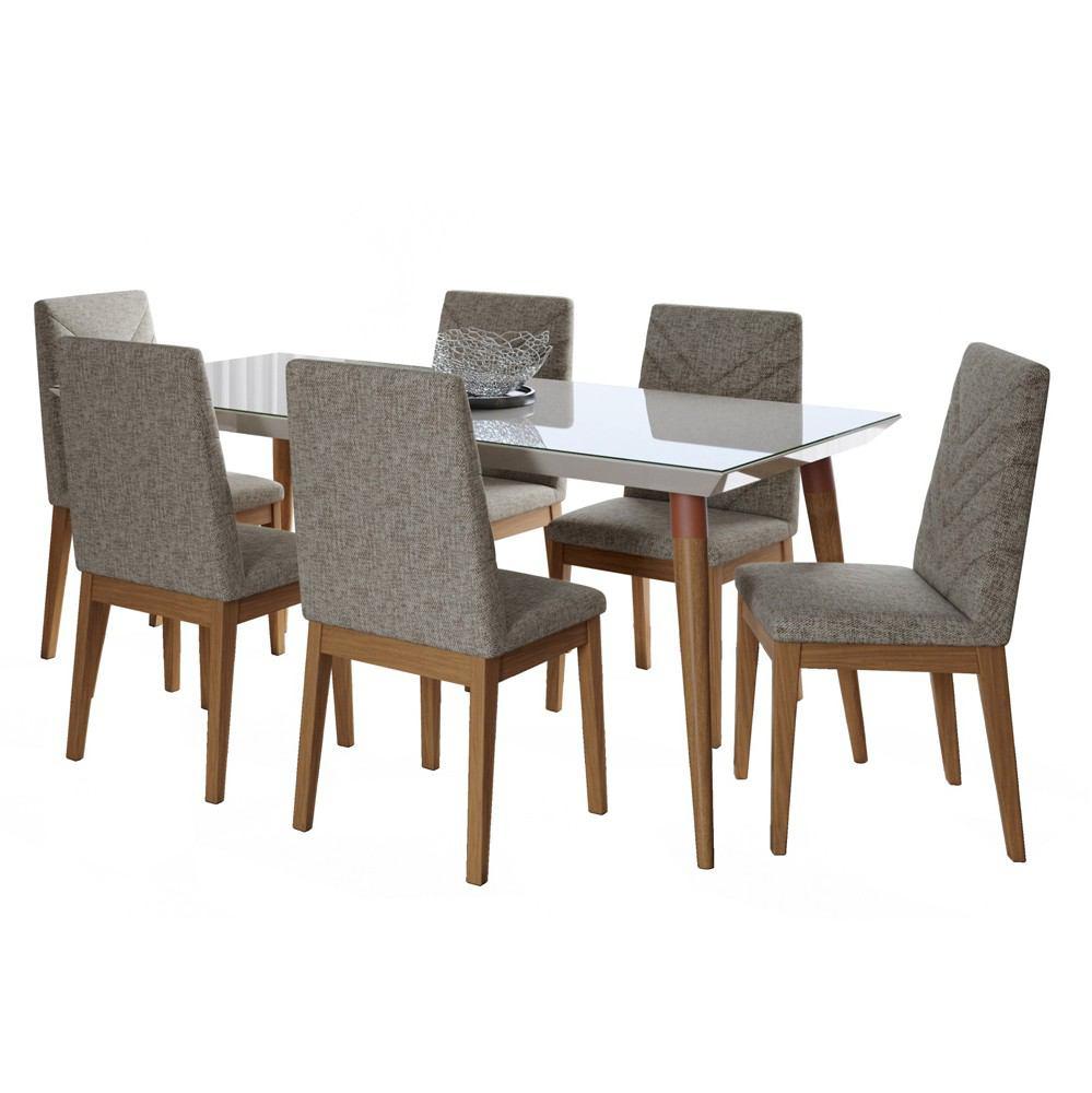 Manhattan Comfort 7-Piece Utopia 70.86" and Catherine Dining Set  with 6 Dining Chairs in  Off White and Grey