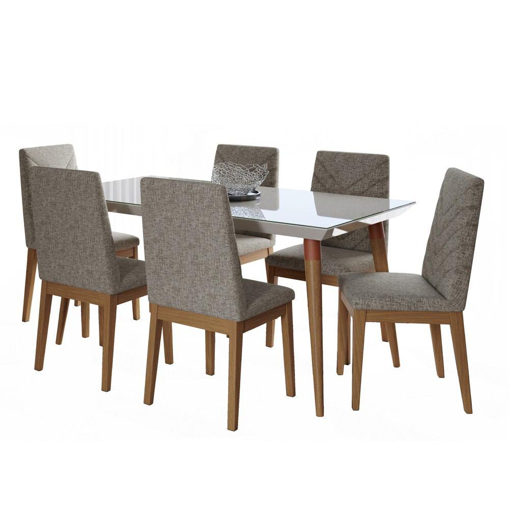 Manhattan Comfort 7-Piece Utopia 70.86" and Catherine Dining Set  with 6 Dining Chairs in  Off White and Grey