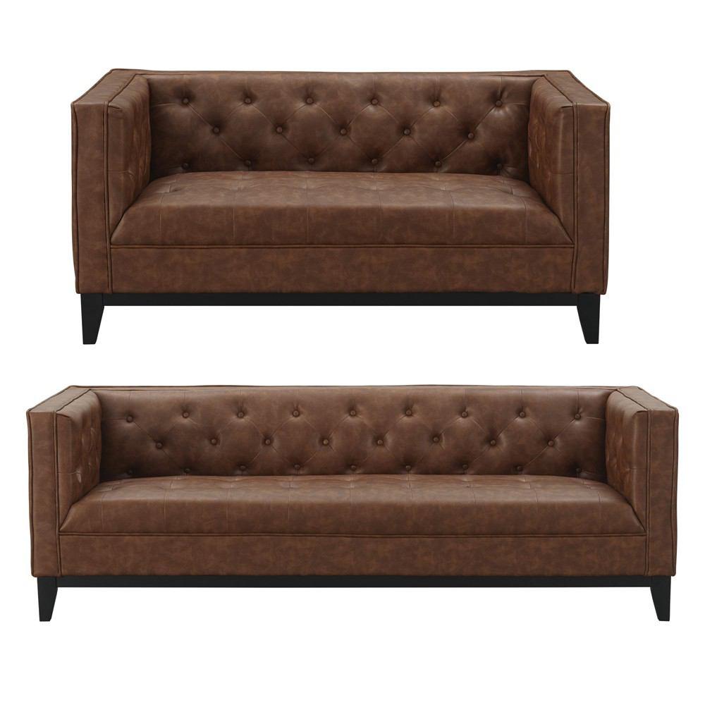 Manhattan Comfort Cadman 2-Piece Camal PU Leather 3-Seat Sofa and 2-Seat Loveseat