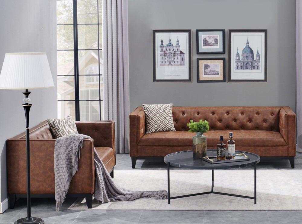 Manhattan Comfort Cadman 2-Piece Camal PU Leather 3-Seat Sofa and 2-Seat Loveseat
