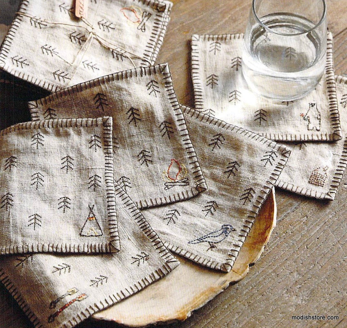 Roost Feather Cocktail Napkins & Tiny Forest Coasters - Set Of 6