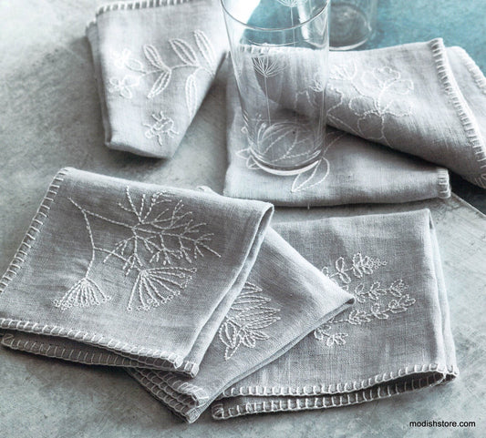Roost Embroidered Botanical Cocktail Napkins - Set Of 6