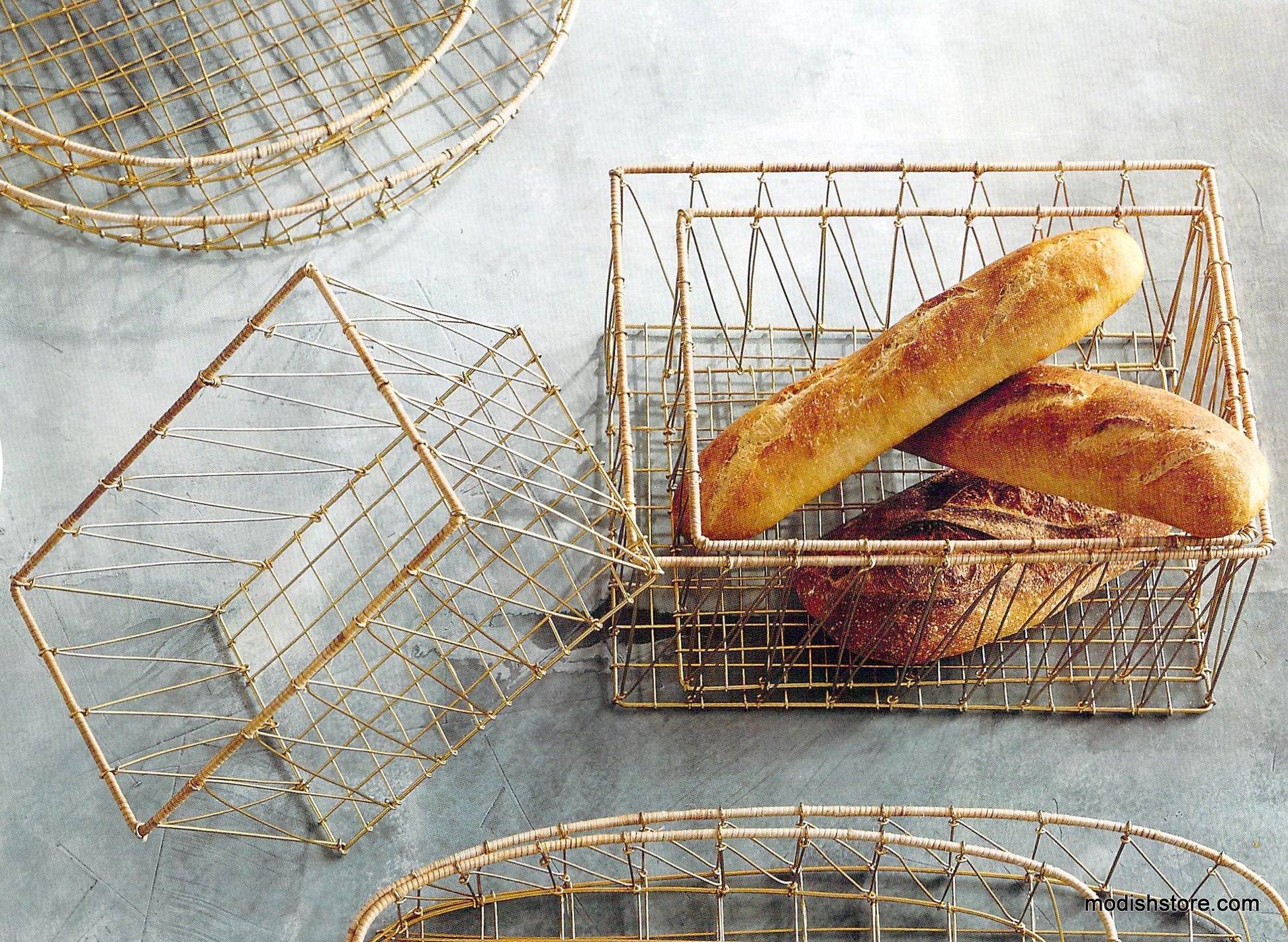 Roost Gio Brass Wire & Rattan Baskets - Rectangle - Set Of 3