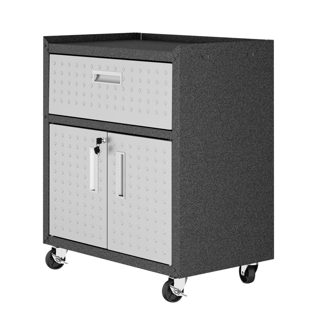 Manhattan Comfort Fortress Textured Metal 31.5" Garage Mobile Cabinet with 1 Full Extension Drawer and 2 Adjustable Shelves In Grey
