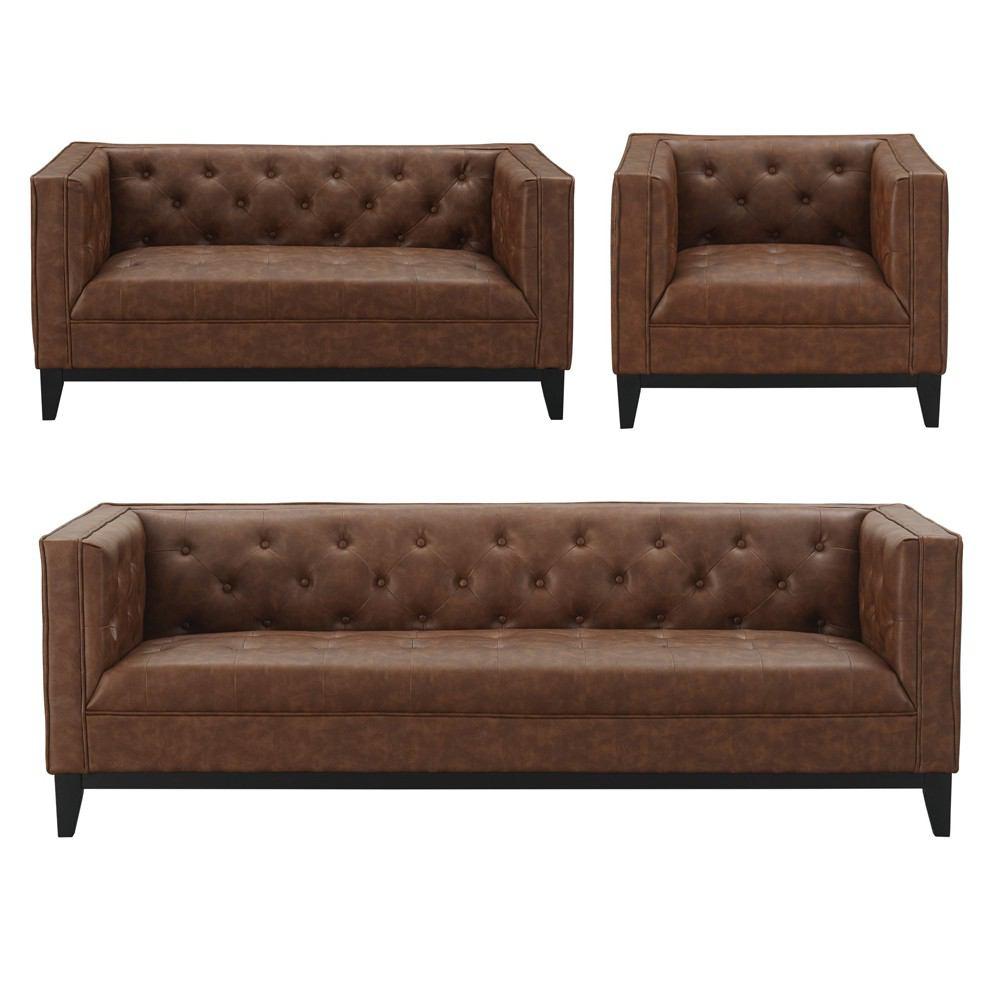 Manhattan Comfort Cadman 3-Piece Sofa Loveseat and Armchair Set  in Camal PU Leather