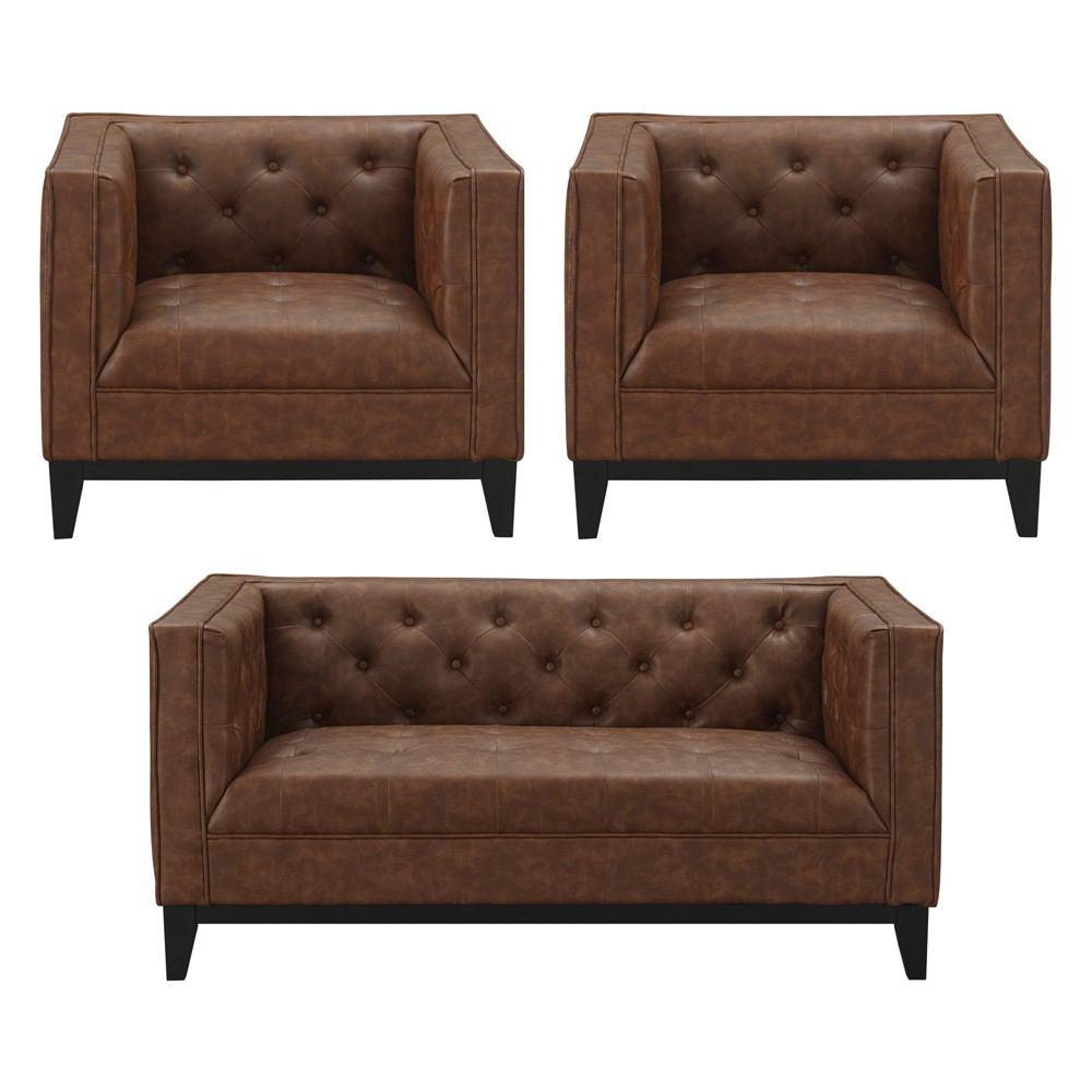 Manhattan Comfort Cadman 3-Piece Camal PU Leather  2-Seat Loveseat and 2 Armchairs