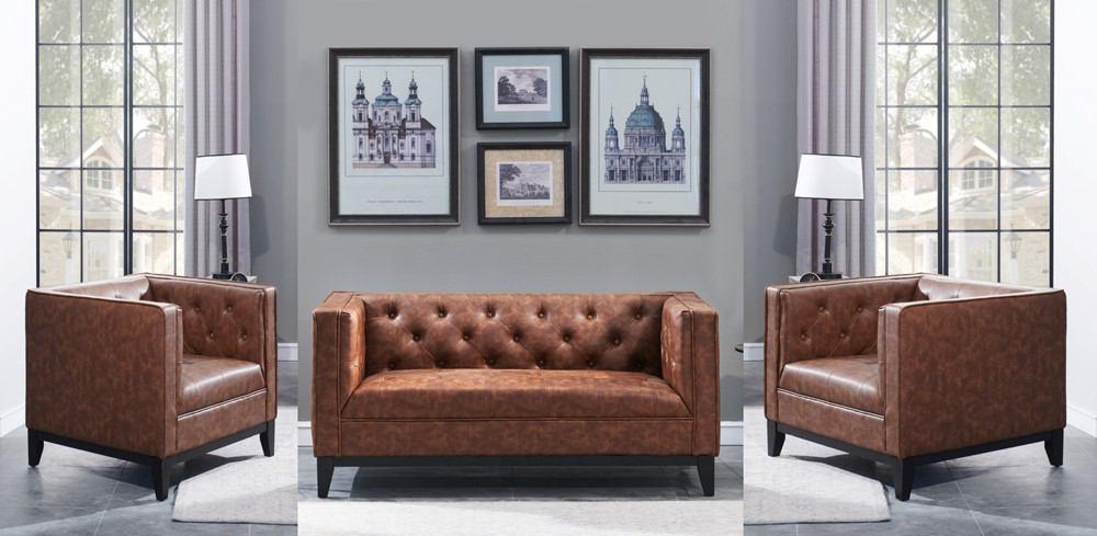 Manhattan Comfort Cadman 3-Piece Camal PU Leather  2-Seat Loveseat and 2 Armchairs