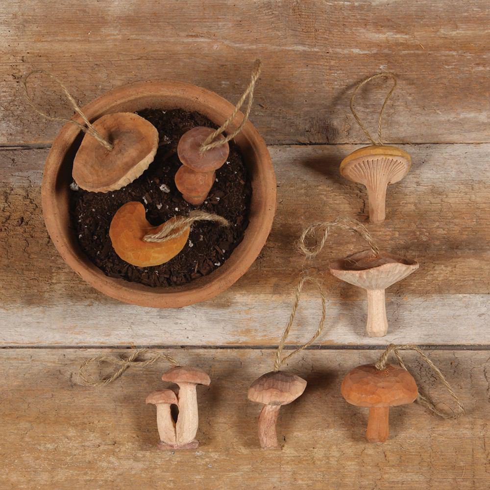 HomArt Carved Wood Vegetable Ornament - Set of 10 Asst - Mushrooms