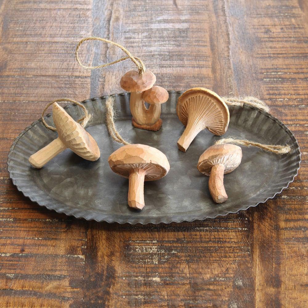 HomArt Carved Wood Vegetable Ornament - Set of 10 Asst - Mushrooms - Feature Image