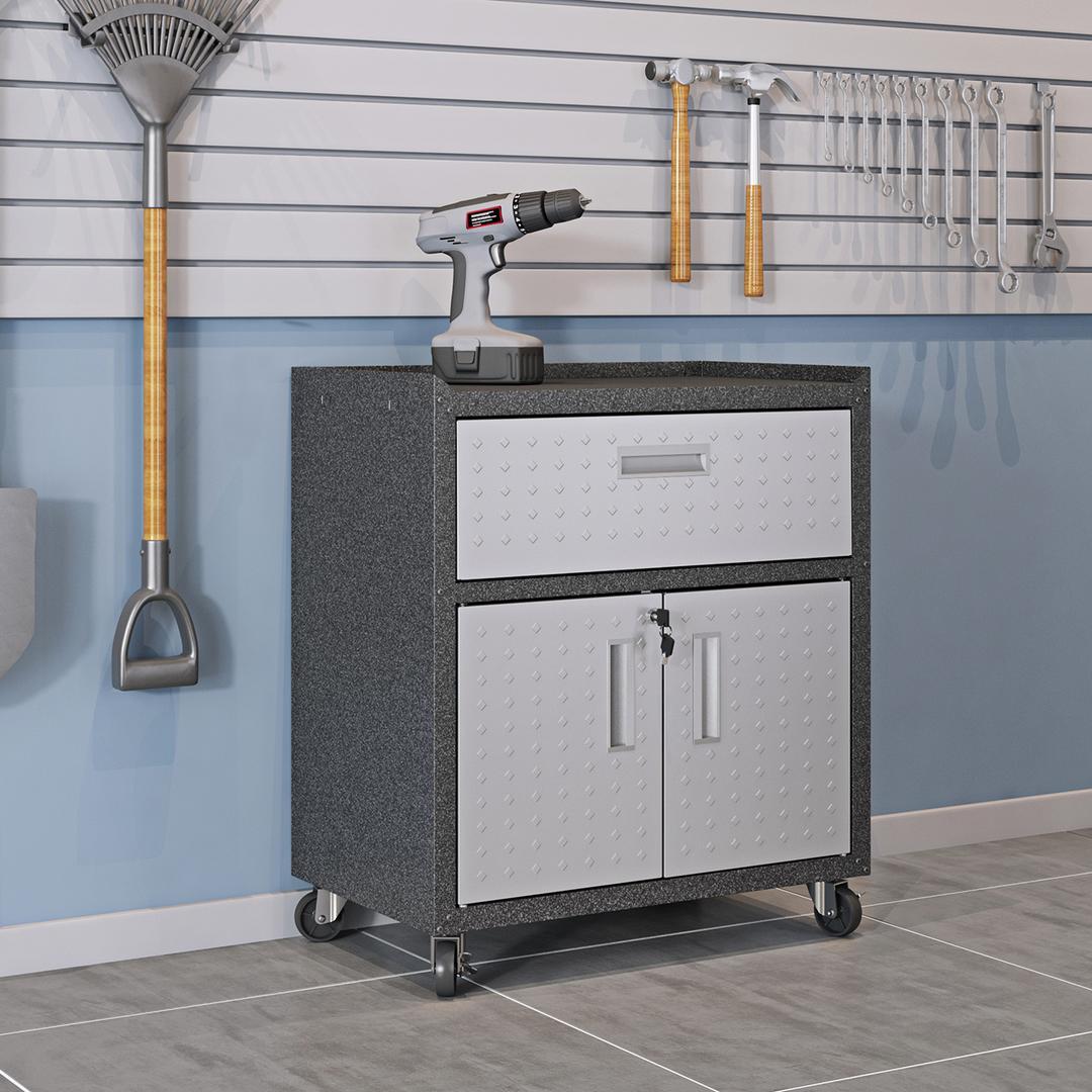 Manhattan Comfort Fortress Textured Metal 31.5" Garage Mobile Cabinet with 1 Full Extension Drawer and 2 Adjustable Shelves In Grey