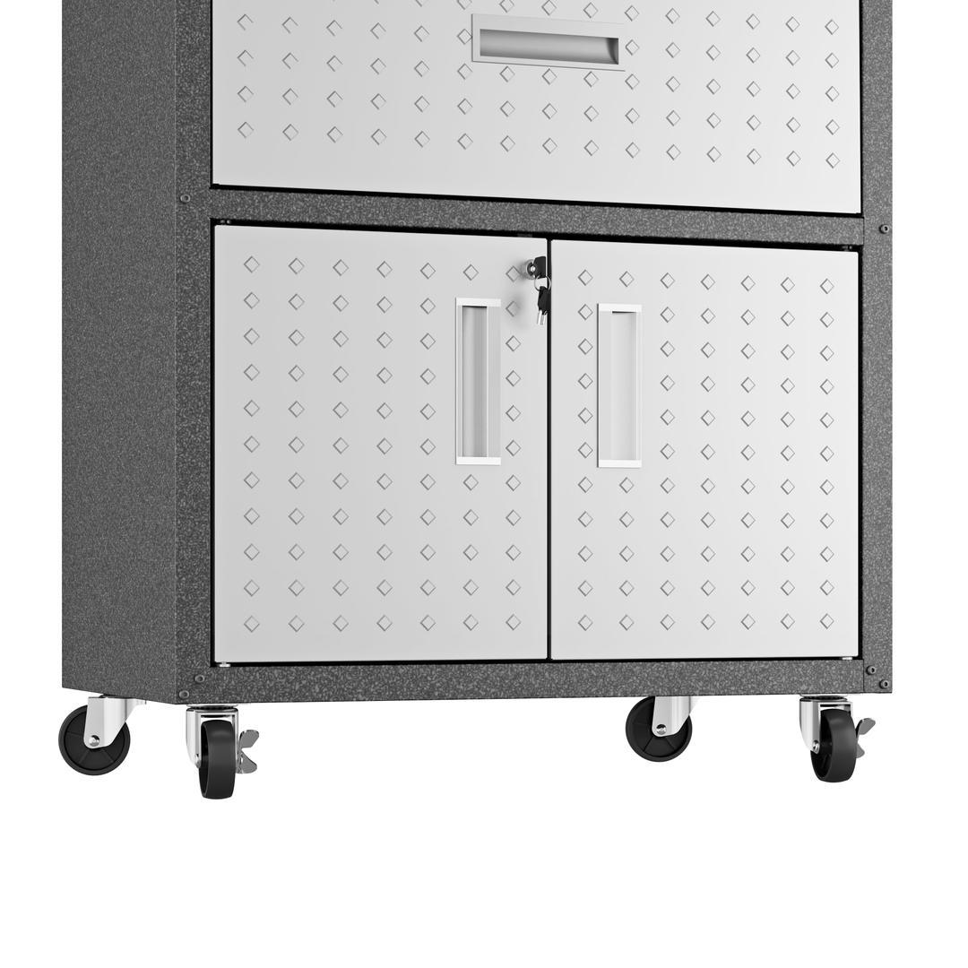 Manhattan Comfort Fortress Textured Metal 31.5" Garage Mobile Cabinet with 1 Full Extension Drawer and 2 Adjustable Shelves In Grey