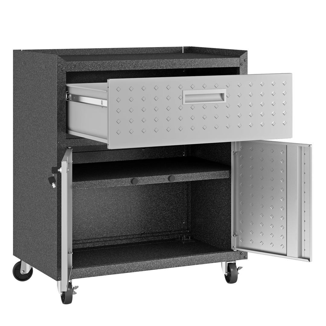 Manhattan Comfort Fortress Textured Metal 31.5" Garage Mobile Cabinet with 1 Full Extension Drawer and 2 Adjustable Shelves In Grey