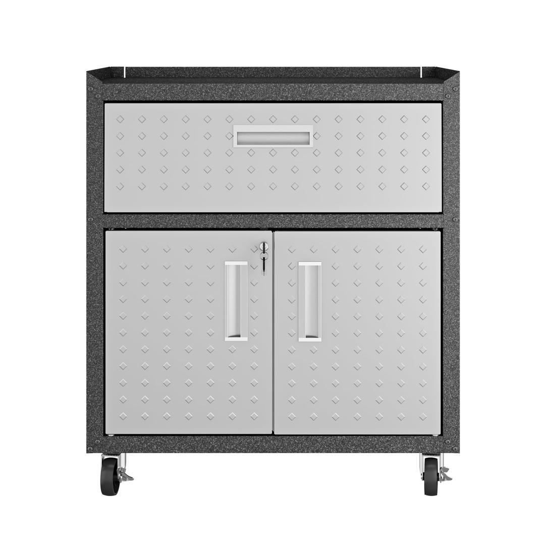 Manhattan Comfort Fortress Textured Metal 31.5" Garage Mobile Cabinet with 1 Full Extension Drawer and 2 Adjustable Shelves In Grey