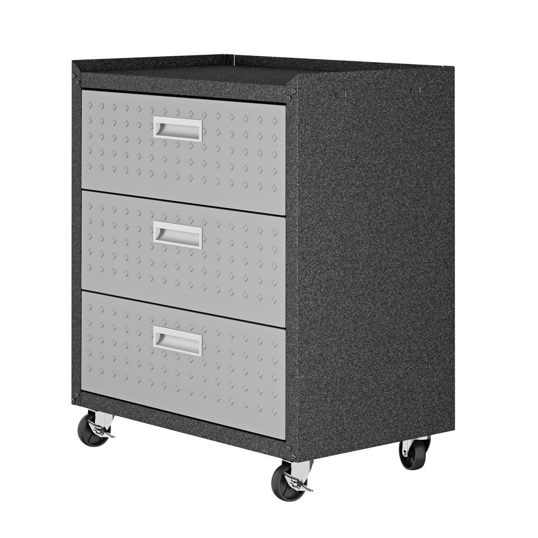 Manhattan Comfort Fortress Textured Metal 31.5" Garage Mobile Chest with 3 Full Extension Drawers In Grey