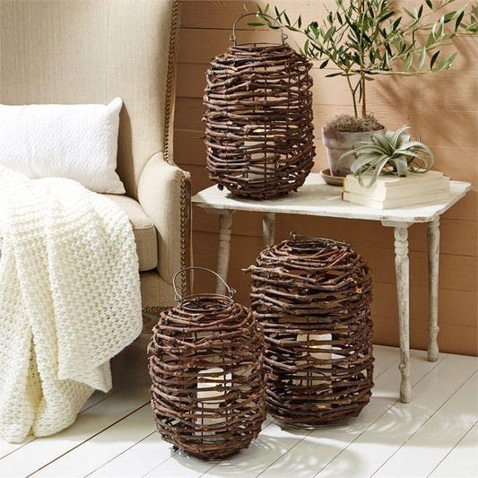 Two's Company Rattan Set Of 3 Lanterns