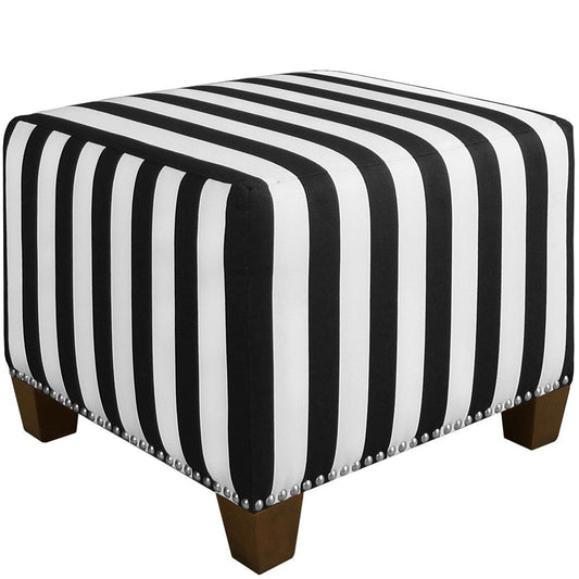 Skyline Furniture Square Nail Button Ottoman in Canopy Stripe Black And White