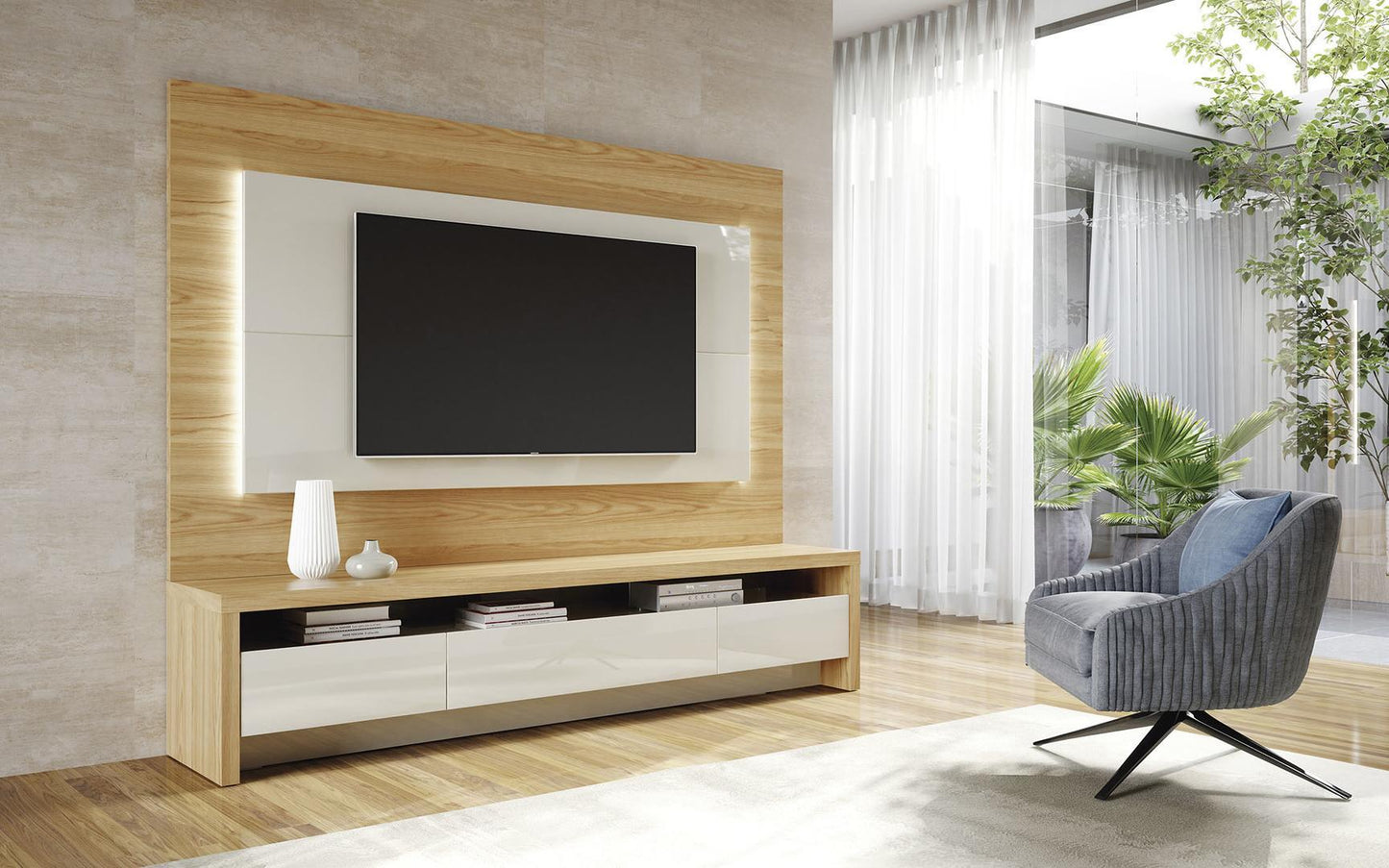 Manhattan Comfort 2-Piece Sylvan 70.86" TV Stand and Panel with LED Lights