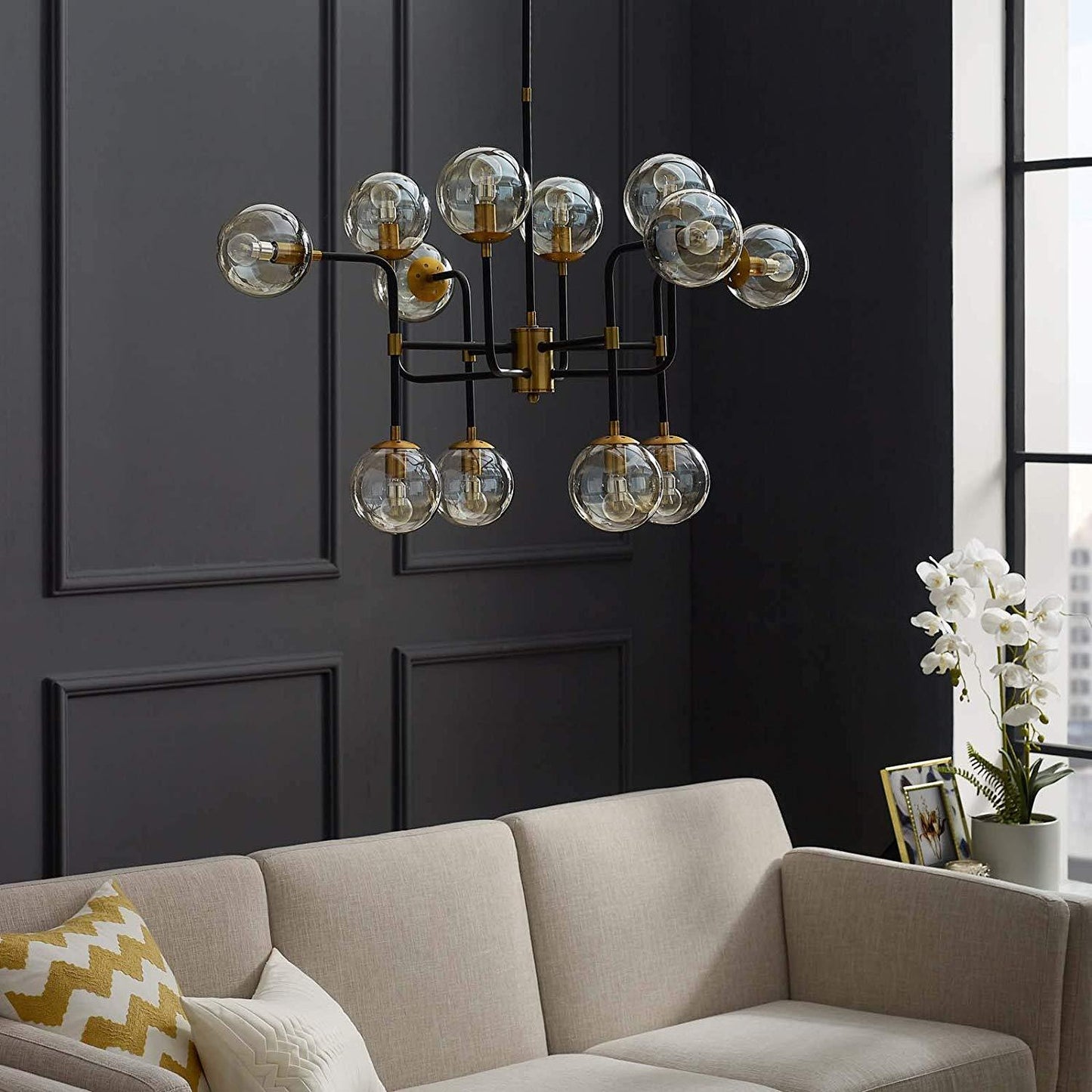 Modway Ambition Amber Glass And Antique Brass 12 Lights Pendant Chandelier