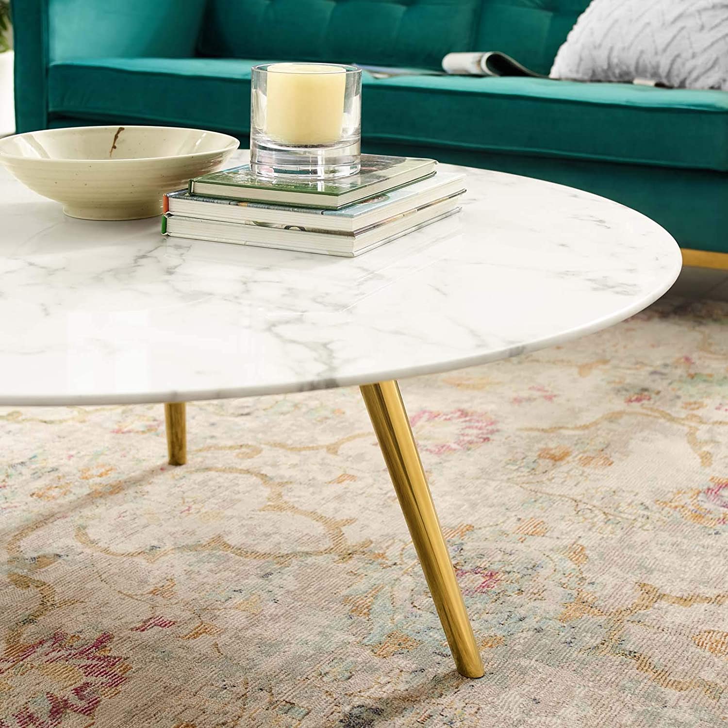 Modway Lippa 40" Round Artificial Marble Coffee Table with Tripod Base in Gold White | Coffee Tables | Modishstore-2