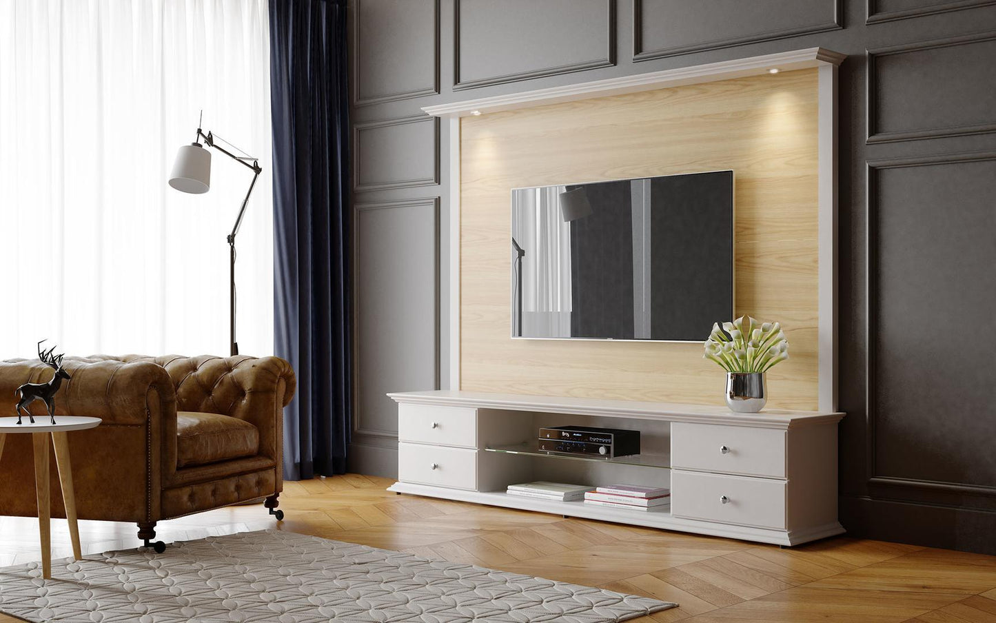 Manhattan Comfort 2-Piece Carder 85.43" TV Stand and Panel with Led Lights