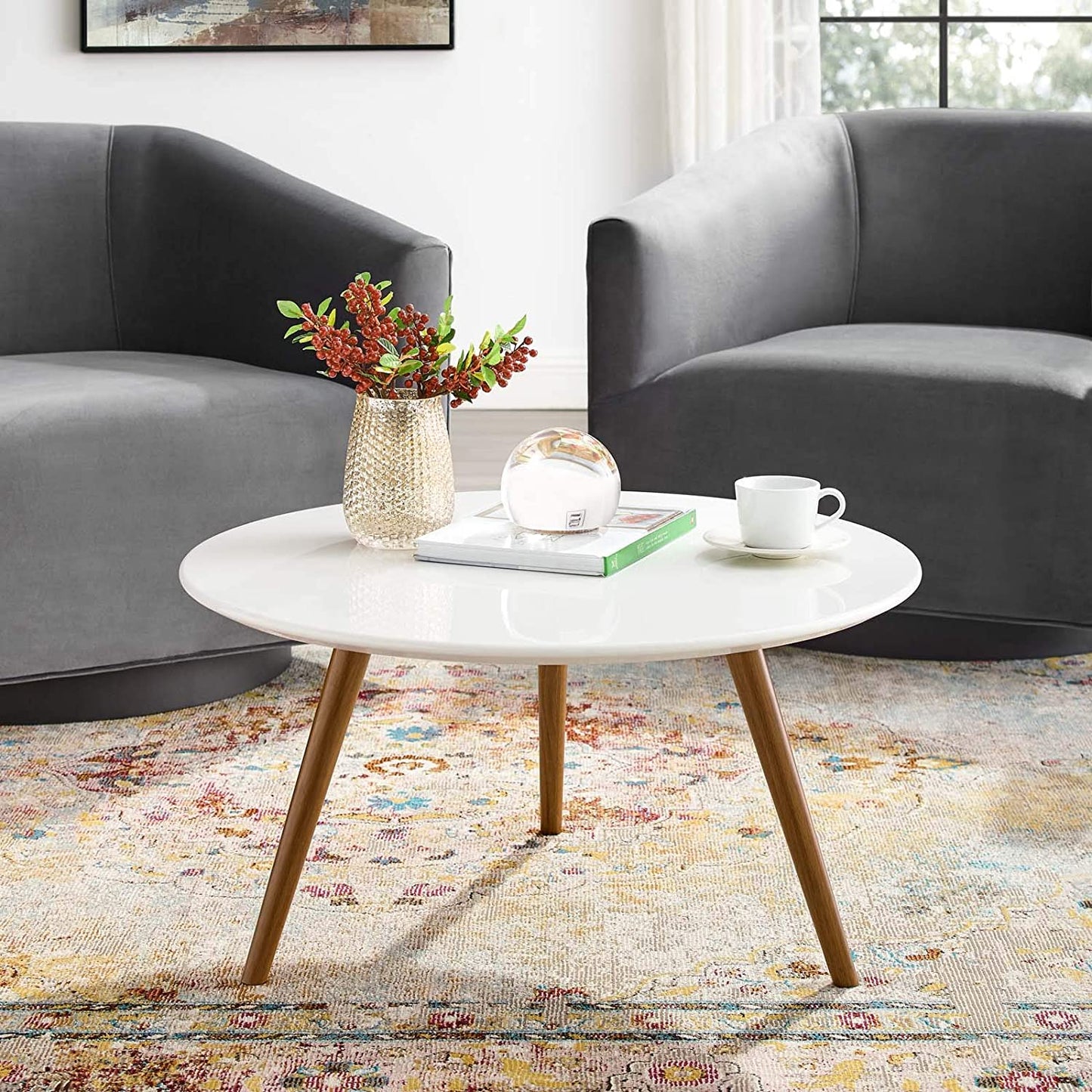 Modway Lippa 28" Round Wood Top Coffee Table with Tripod Base in Walnut White | Coffee Tables | Modishstore-3