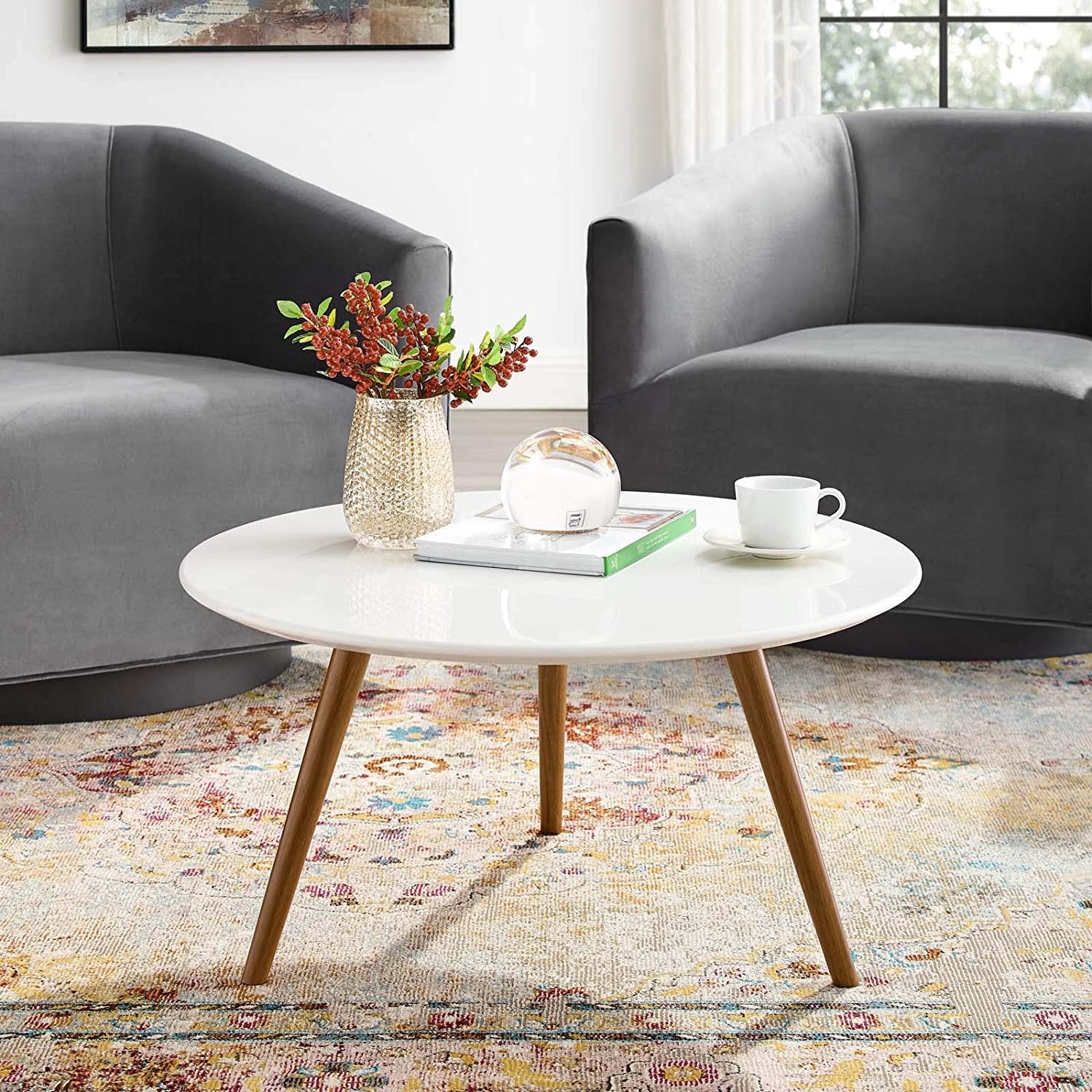 Modway Lippa 28" Round Wood Top Coffee Table with Tripod Base in Walnut White | Coffee Tables | Modishstore-3