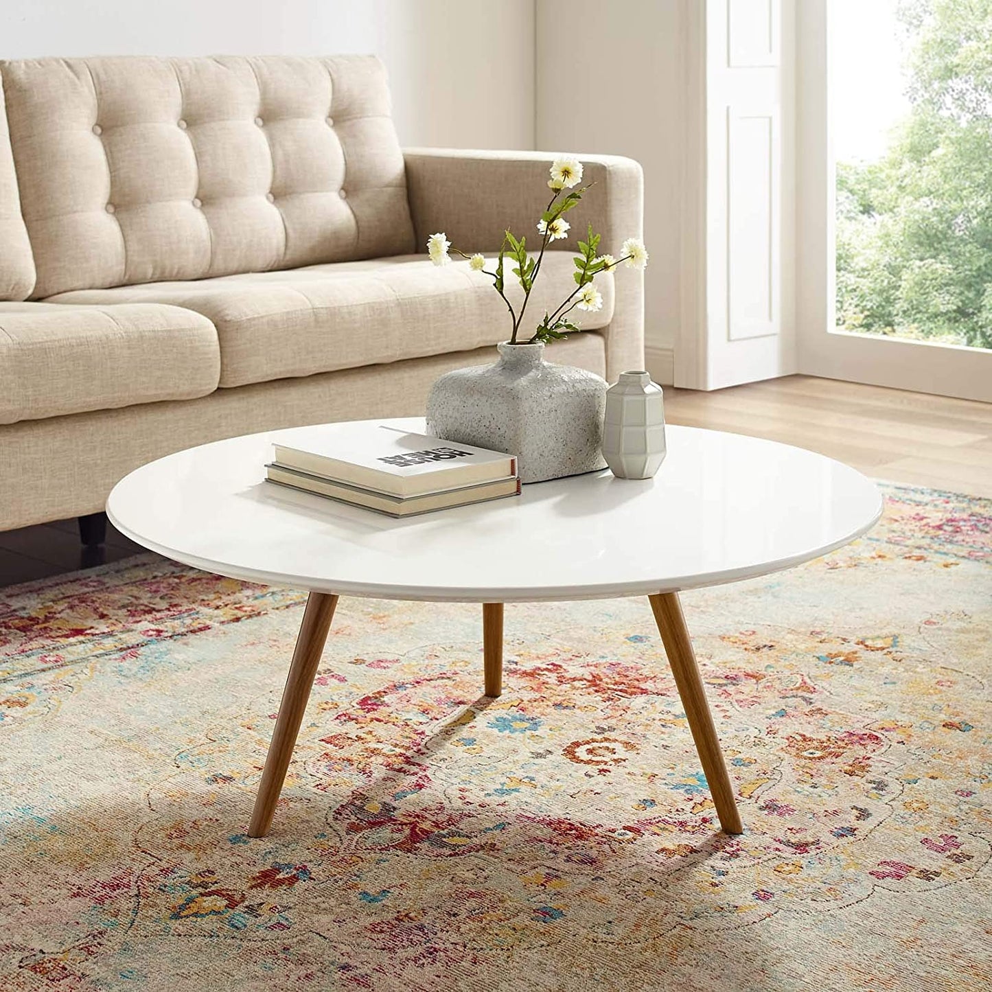 Modway Lippa 47" Round Wood Top Coffee Table with Tripod Base in Walnut White | Coffee Tables | Modishstore-3