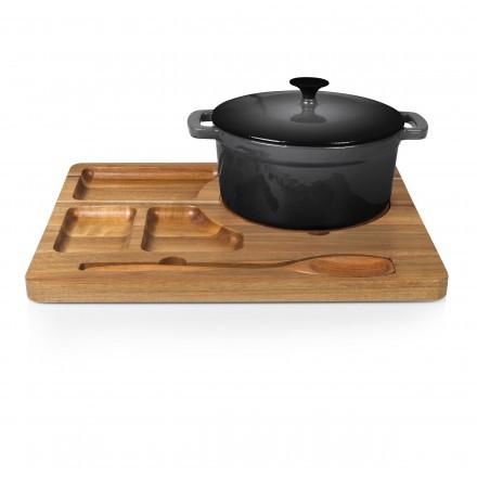 Picnic Time Dutch Oven Station Cast Iron with Cermaic Bowls on an Acacia Base with Spoon