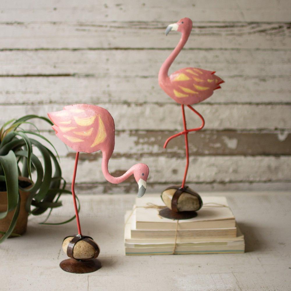 Kalalou Painted Metal Flamingos On Caged Rock Bases - Set Of 2