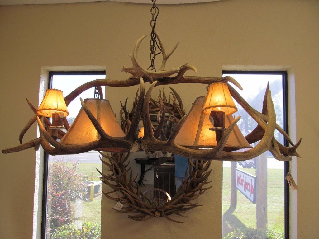 Antlerworx 4 Light Elk Billiard Antler Chandelier (2 Downlights) (AWC-63)
