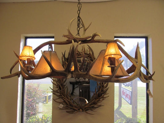 Antlerworx 4 Light Elk Billiard Antler Chandelier (2 Downlights) (AWC-63)