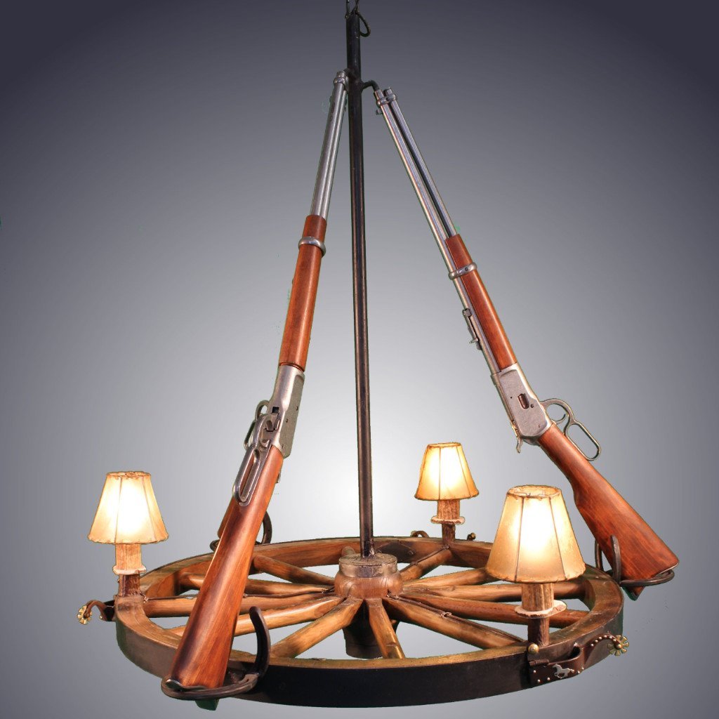 Antlerworx 3 Light Wagon Wheel Rifle Chandelier (3 Rifles) (AWC-73)