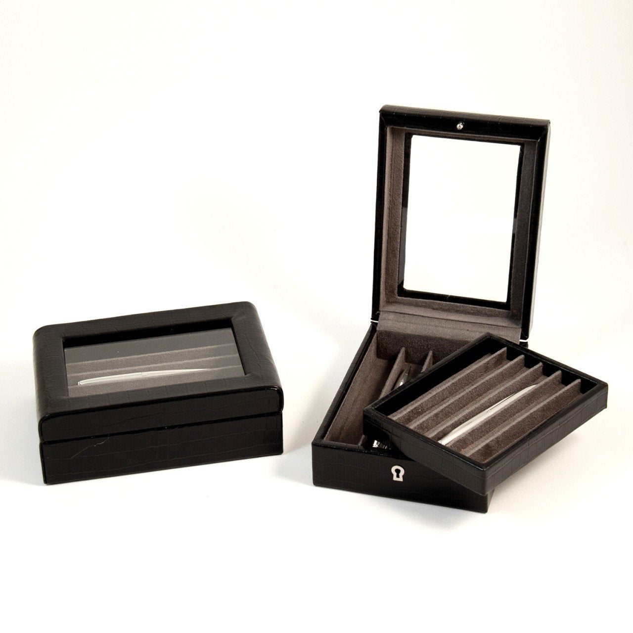 Bey-Berk Black "Croco" Leather 2 Level Pen Case