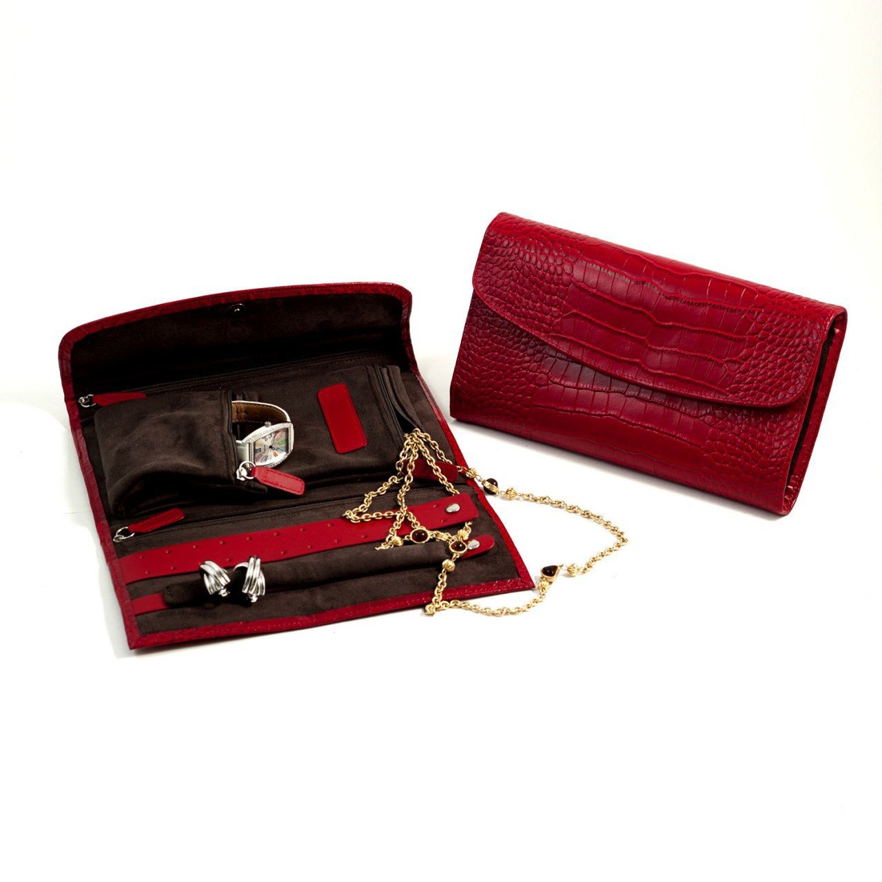 Bey-Berk Red "Croco" Leather Jewelry Clutch