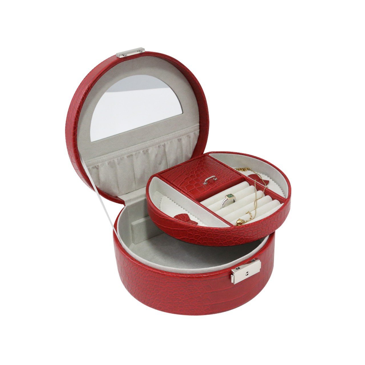 Bey-Berk Red "Croco" Leatherette Round Jewelry Box