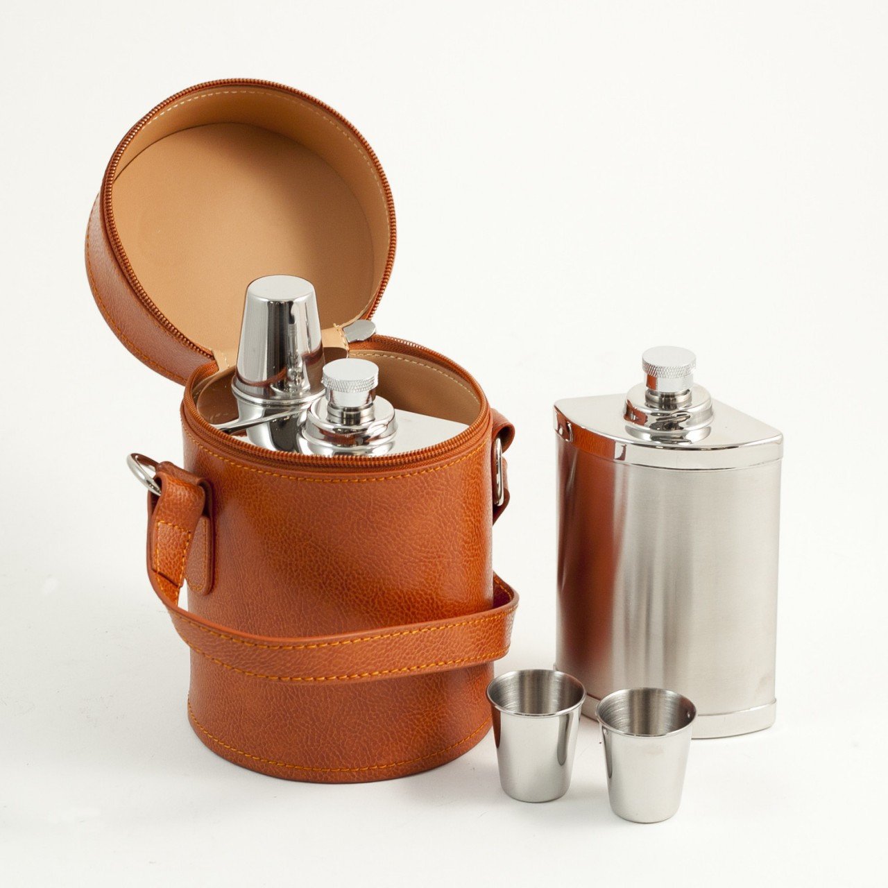 Bey-Berk Six Piece Stainless Steel Flask Set in Leather Carrying Case