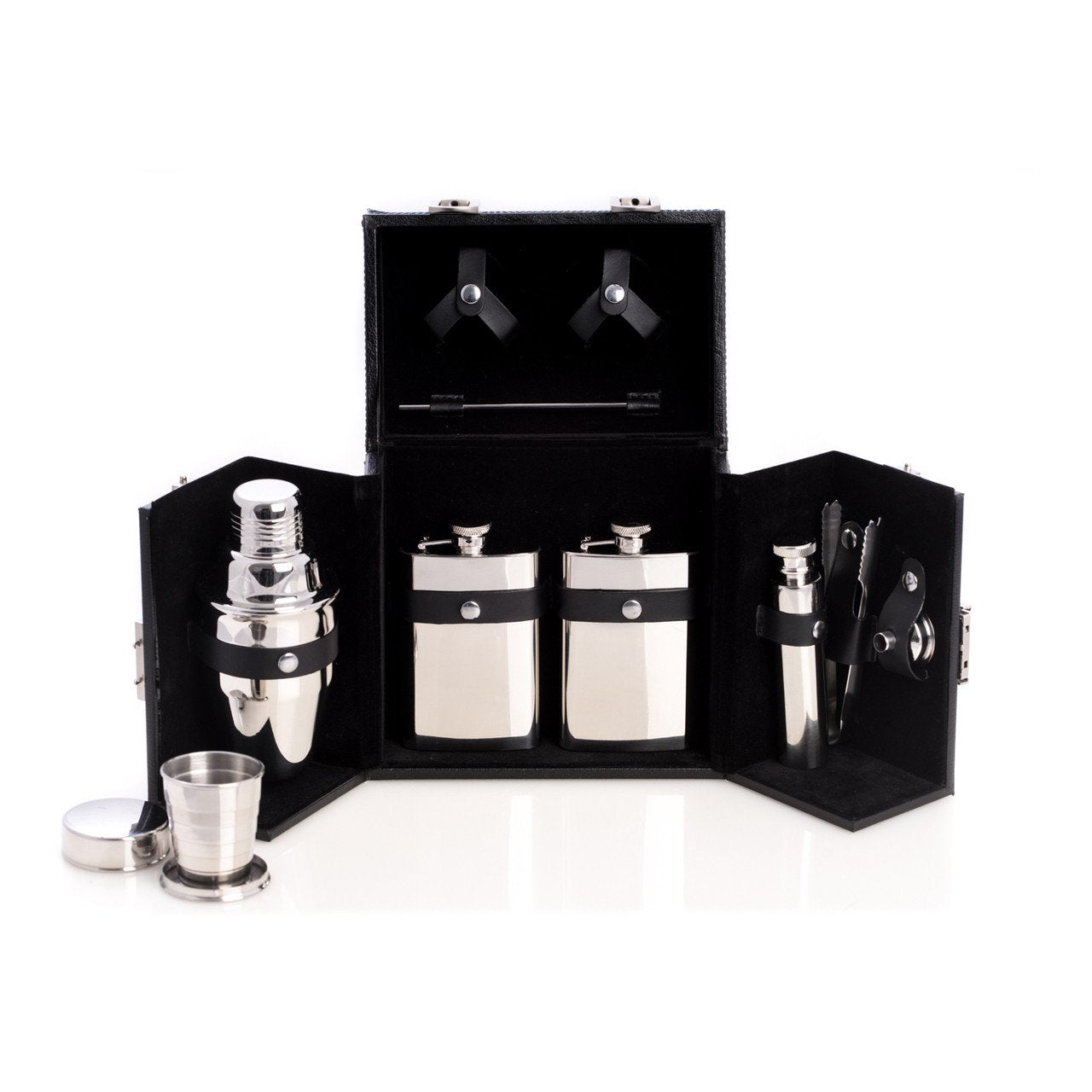 Bey-Berk Stainless Steel Bar Set w/ Black Locking Leather Carrying Case