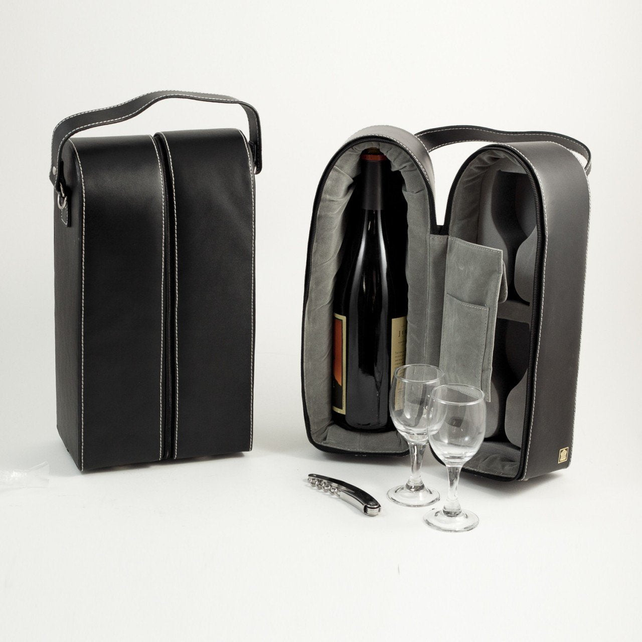 Bey-Berk Leather Wine Caddy with Two Glasses- Gift Item