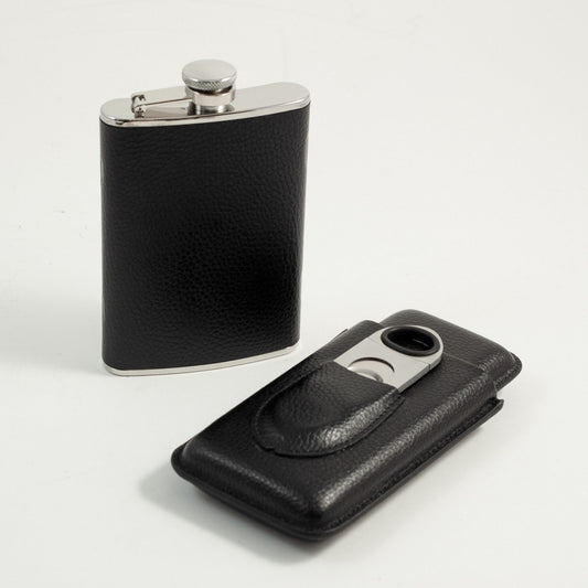 Bey-Berk Brown 8 oz three Piece Black Leather Flask