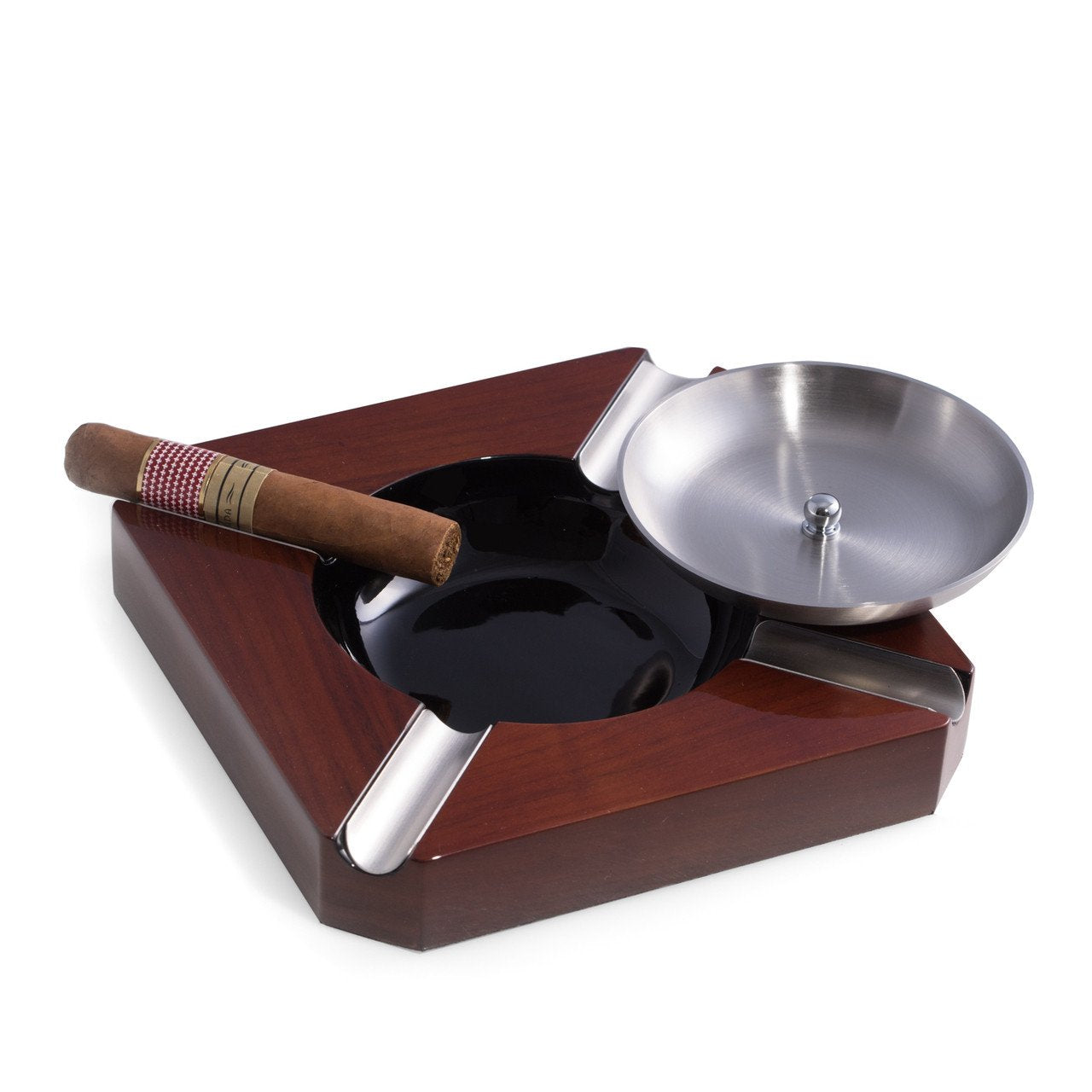 Bey-Berk Stainless Steel & Walnut Wood Cigar Ashtray