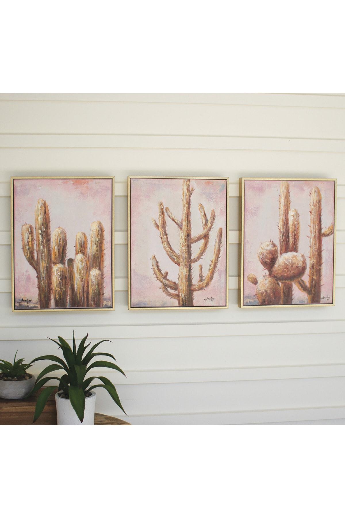 Kalalou Set Of 3 Sunset Cactus Painting With Gold Frame
