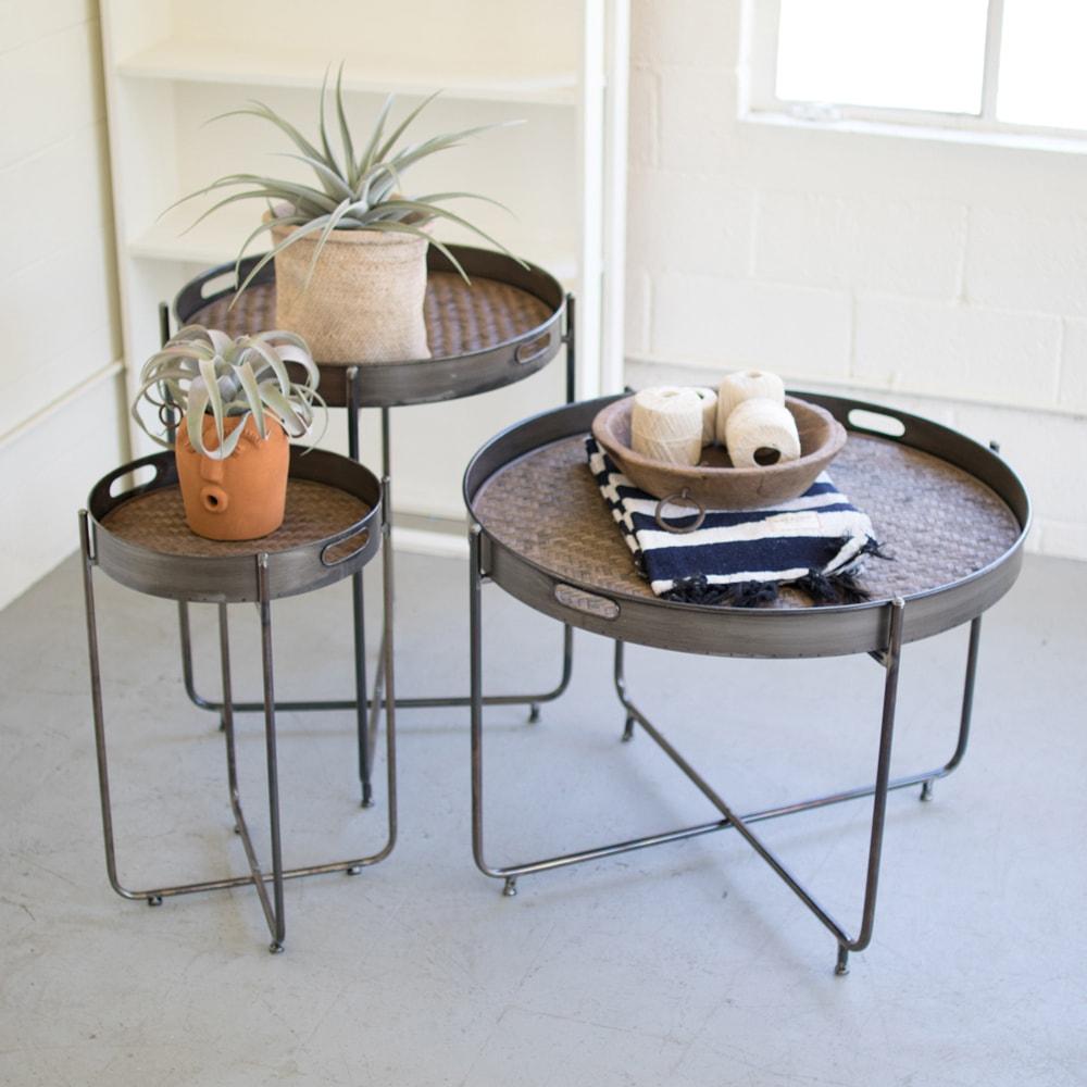 Kalalou Set Of 3 Round Metal Display Tables With Seagrass Detail