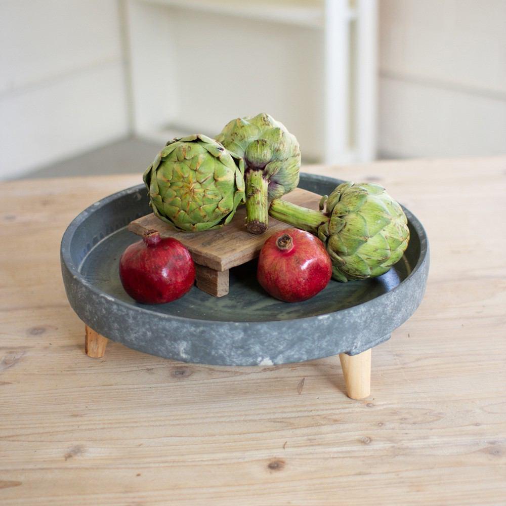 Kalalou Blue Ceramic Vessel With Wooden Legs