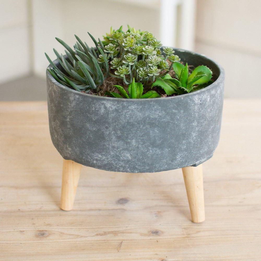 Kalalou Blue Ceramic Vessel With Wooden Legs